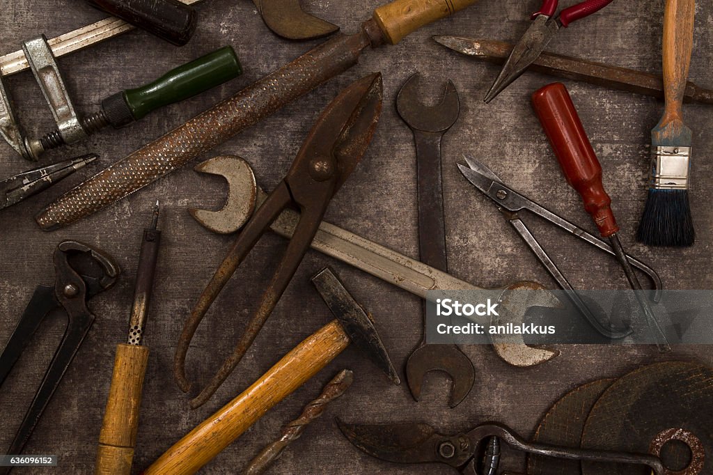 Rustic Tools Background Old Tools On Rustic Background Stock Photo - Download Image Now - Work ...