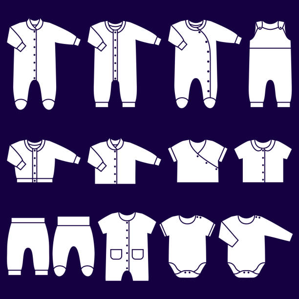 vektor weiße symbole der babykleidung. - onesie stock-grafiken, -clipart, -cartoons und -symbole