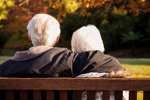 istock Senior couple embracing on a bench 636098738