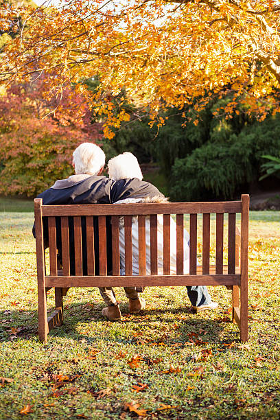 istock Senior couple embracing on a bench 636098774