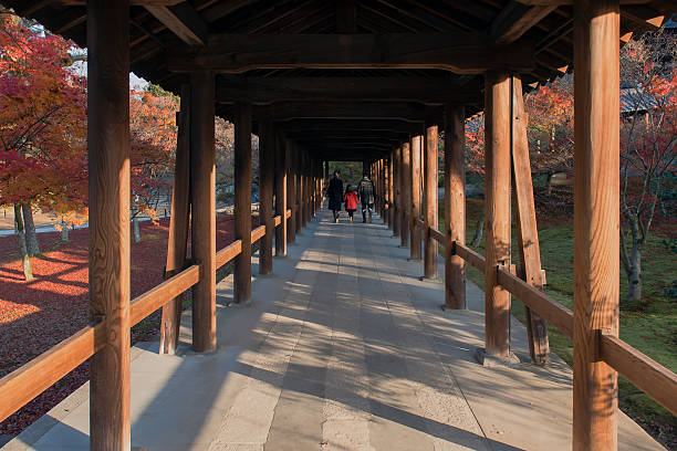 Family strolling in Japanese traditional landscape garden at Tofukuji temple, Kyoto