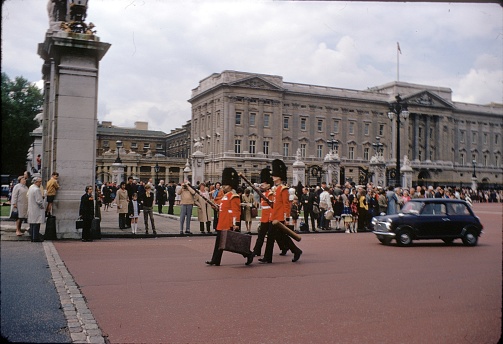 London, England, United Kingdom, June 23, 1972. Change of the Queens Guard. Soldiers of the British Grenadier Music Corps Guards during the march from Buckingham Palace to the Wallington Barracks in London.