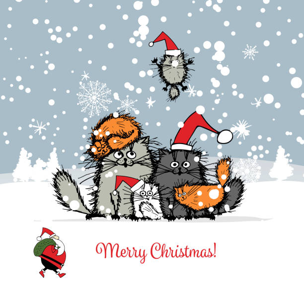 Christmas card with happy cats family. Vector illustration