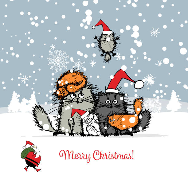 Christmas card with happy cats family vector art illustration