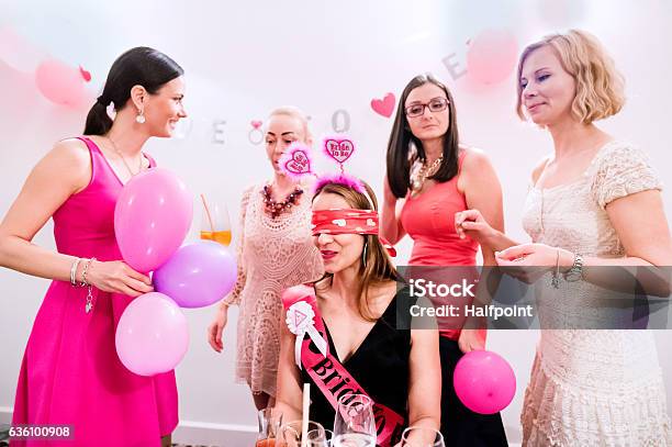 Cheerful Bride And Bridesmaids Celebrating Hen Party With Drinks Stock Photo - Download Image Now