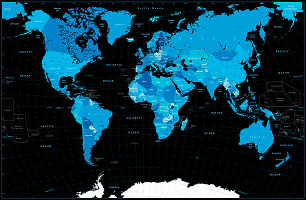 istock World Map in colors of blue isolated on black 636101196