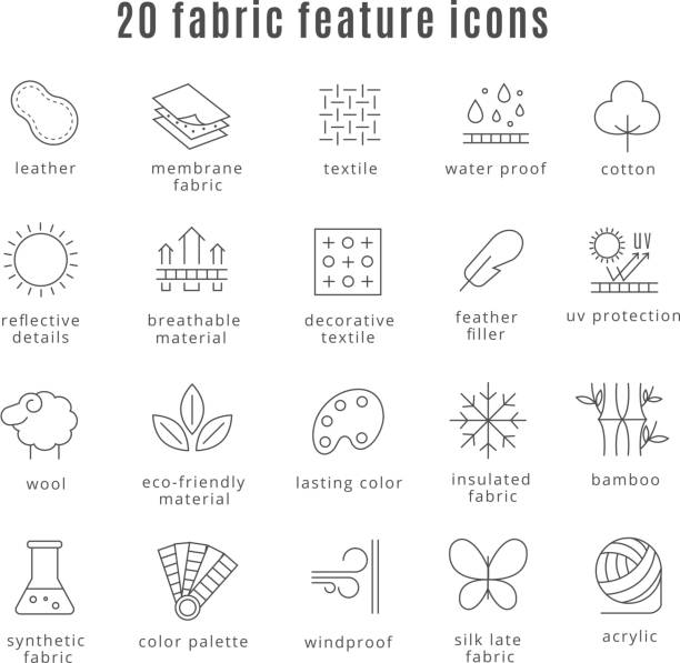 Fabric feature line icons Fabric feature line icons. Comfort wear and lightweight, synthetic clothes and wool waterproof clothing signs. Symbol for clothes set. Vector illustration bamboo fabric stock illustrations