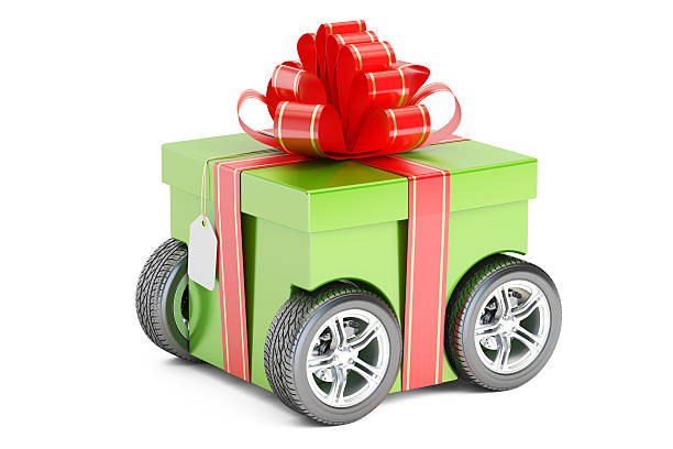 istock green gift box on wheels, gift delivery concept. 3D rendering 636103128