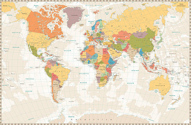 Old retro World Map with lakes and rivers Old retro World Map with lakes and rivers. Highly detailed vector illustration of large political World Map. germany map regions stock illustrations