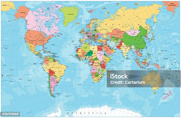 Detailed Political World Map With Capitals Rivers And Lakes Stock Illustration - Download Image Now