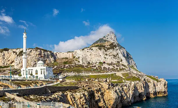 Rock of Gibraltar and Mosque seen from Europa Point in Gibraltar, a British overseas territory