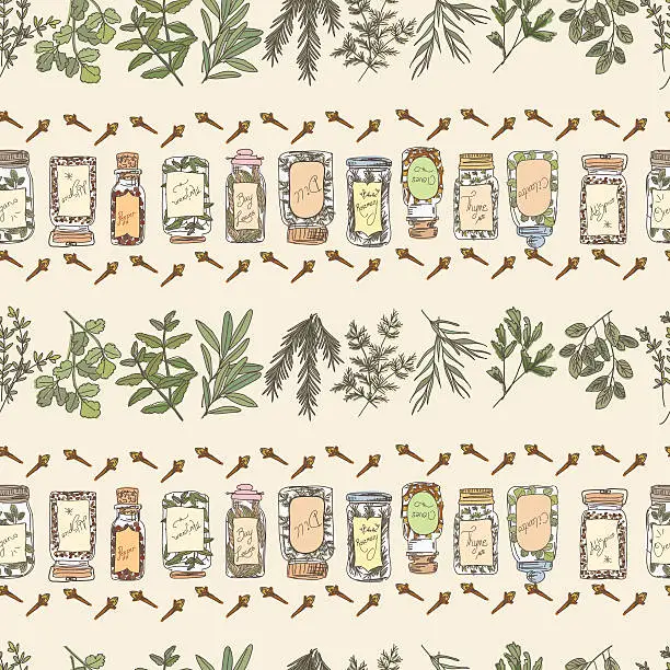 Vector illustration of Doodled Herbs And Spices Seamless Repeating Pattern