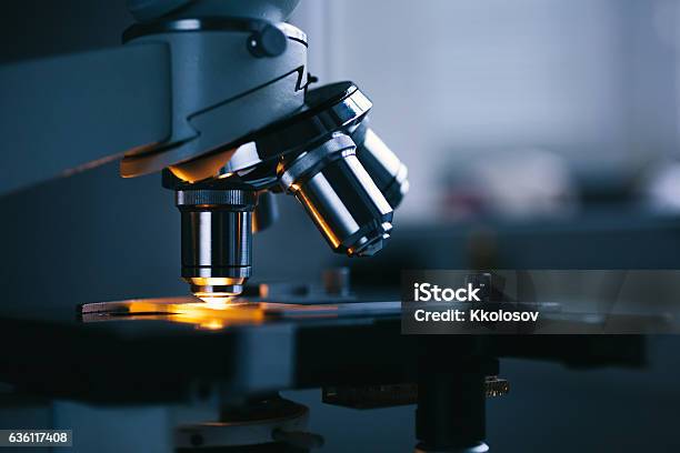 Close Up Of Microscope And Test Sample Stock Photo - Download Image Now - Medical Test, Microscope, Analyzing