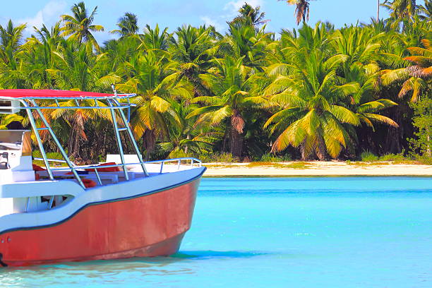 Tropical paradise: turquoise sand beach, lonely ship, green palm trees