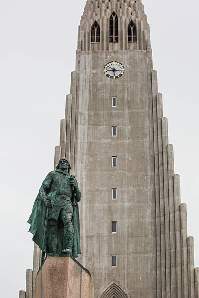 Hallgrimskirkja Cathedral with Statue of Leifur Eriksson, the Viking chief in Iceland, Reykjavik