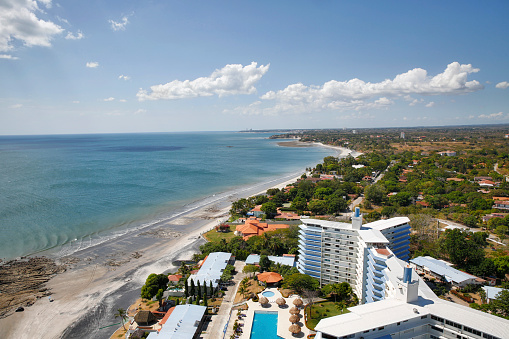 High up view of beach area in Coronado, Panama. Looking south toward Playa La Ensenada.