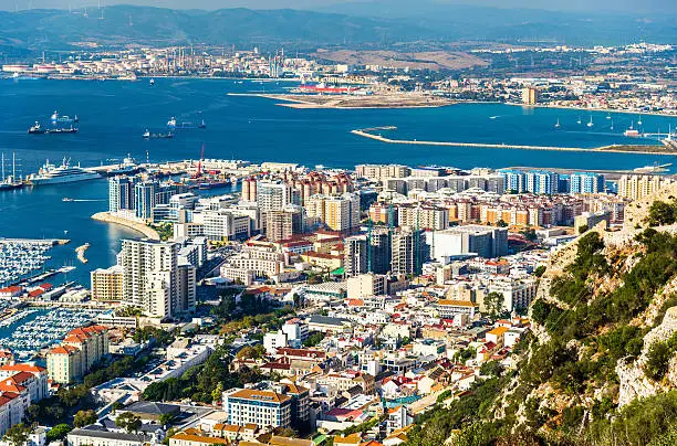 Urban area of Gibraltar seen from the rock, a British Overseas Territory