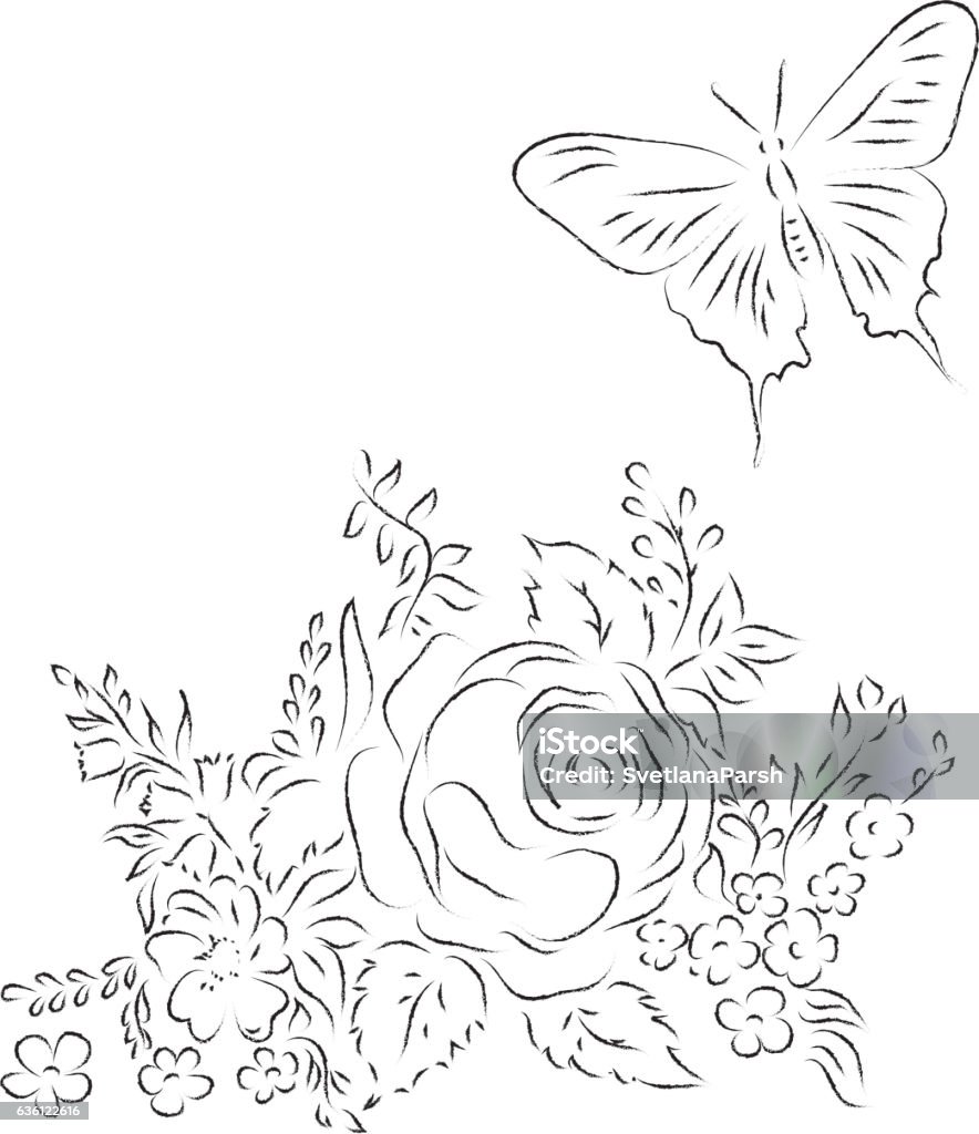 Bouquet Of Different Flowers Butterfly Sketch Outline Stock ...