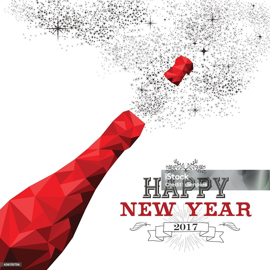 Happy new year red champagne bottle low poly Happy New Year 2017 fancy red champagne bottle in hipster triangle low poly style. Ideal for greeting card or elegant holiday party invitation. EPS10 vector. 2017 stock vector