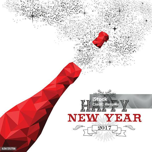 Happy New Year Red Champagne Bottle Low Poly Stock Illustration - Download Image Now - 2017, Alcohol - Drink, Bottle