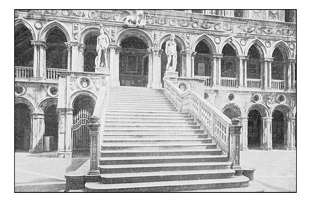 illustrazioni stock, clip art, cartoni animati e icone di tendenza di fotografie antiche a punti d'italia: venezia, scala palazzo ducale - doges palace palazzo ducale staircase steps