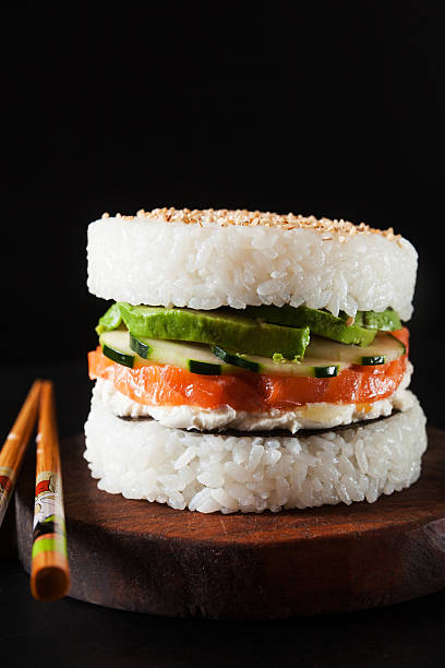 istock Homemade sushi salmon burger 636139932