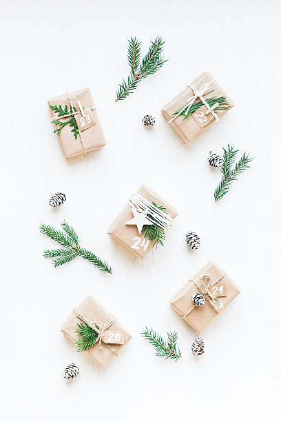 istock Christmas calendar. Christmas gift, fir branches, pine cones 636140936