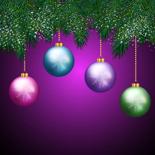 istock Christmas purple background with fir branches and balls. Vector 636141698