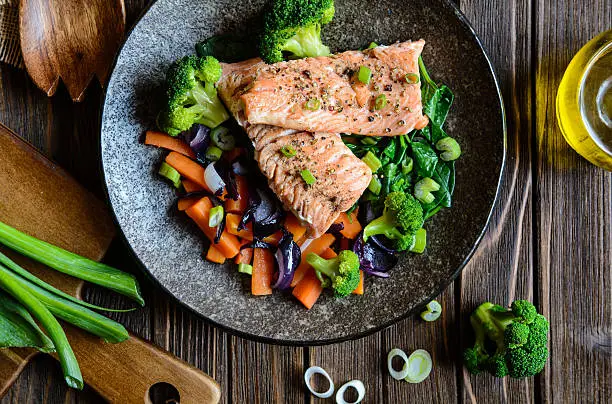 Photo of Fried salmon with steamed vegetable