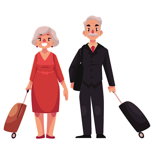 ilustraciones, imágenes clip art, dibujos animados e iconos de stock de vieja pareja de hombre y mujer con maletas en el aeropuerto - senior couple isolated white background standing