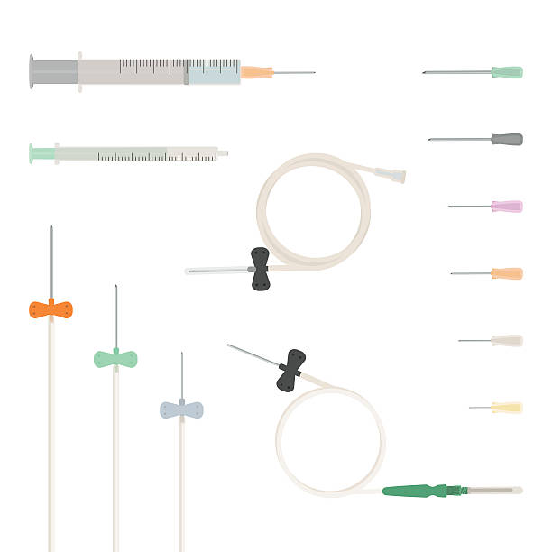 For the Internet Insulin syringe and syringe with needle. Set of needles for syringe.Butterfly needle, catheters with luerlock adapter. Vector illustration. catheter stock illustrations