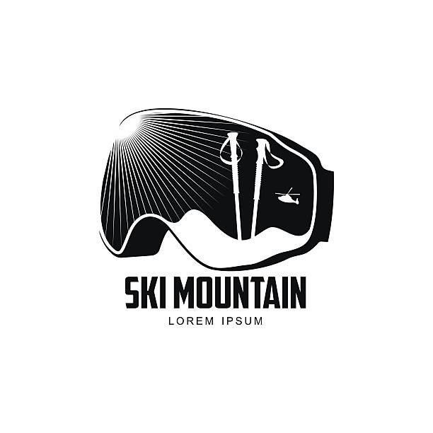 Black and white graphic mountain skiing goggles logo Black and white graphic mountain skiing goggles logo, vector illustration on white background. Mounting skiing logo design with skis and poles reflected in goggles, mask, glasses with sun rays ski goggles stock illustrations