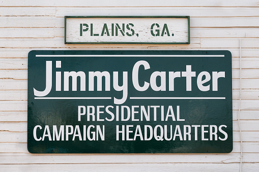Plains, Georgia, USA - November 12, 2016: Carter Presidential Campaign Headquaters sign on the Plains Train Depot in Plains