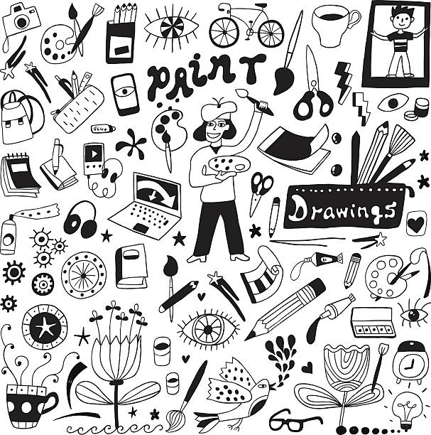 illustrations, cliparts, dessins animés et icônes de ensemble d'art outils et crayonnages - artist art artists canvas human eye