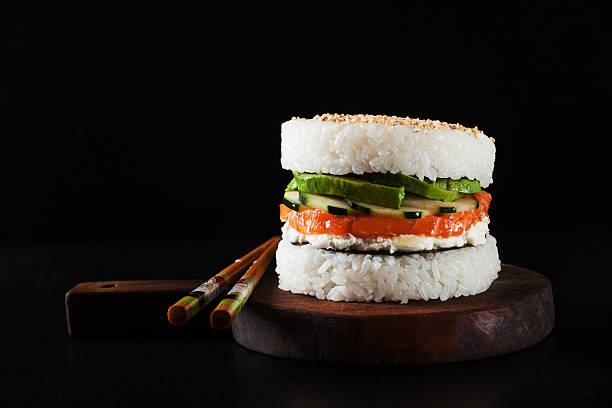 sushi menu with burger made from rice and smoked salmon