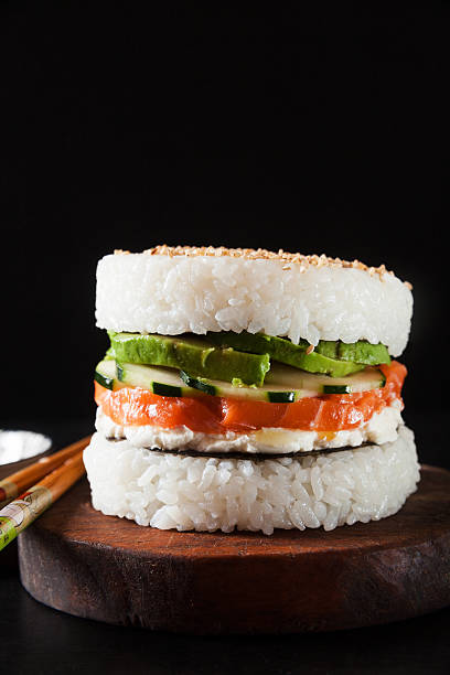 istock sushi menu with burger made from rice and smoked salmon, 636151882