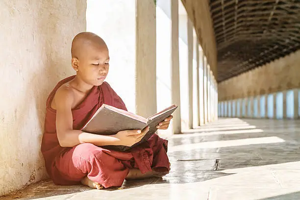 Photo of Burmese Monk Reading Buddhist Book Monastery Archway Bagan Myanmar