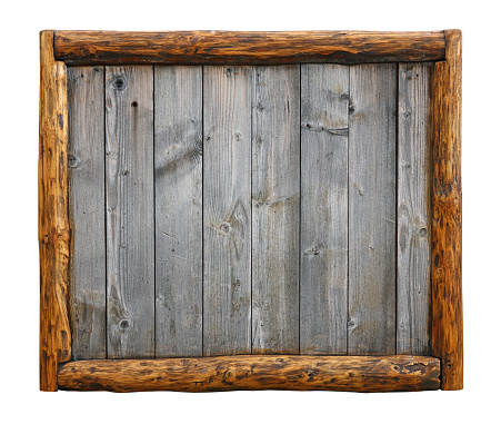 Old vintage wooden grunge gray aged rustic planks bulletin board panel with wood log border frame, copy space in middle, isolated on white
