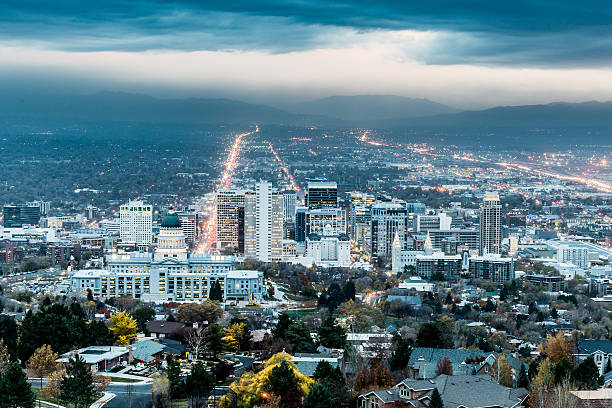 Salt Lake City Twilight Salt Lake City, Utah, USA - November 16, 2016:  Downtown Salt Lake City at twilight. salt lake city mormon temple utah photos stock pictures, royalty-free photos & images