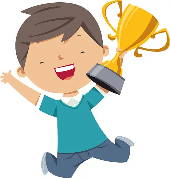 Vector illustration of Happy boy holding gold trophy