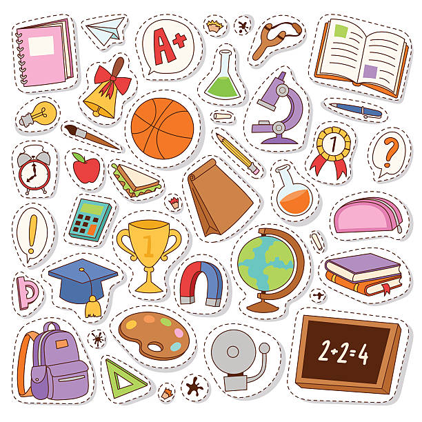 ilustrações de stock, clip art, desenhos animados e ícones de school icons vector stickers. - school supply