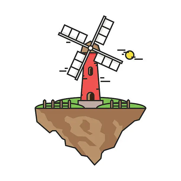 Vector illustration of Flying island with a windmill. Farmer building for the production