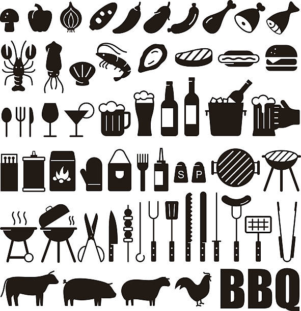 ilustraciones, imágenes clip art, dibujos animados e iconos de stock de conjunto simple de iconos negros vectoriales relacionados con la barbacoa - spit roasted