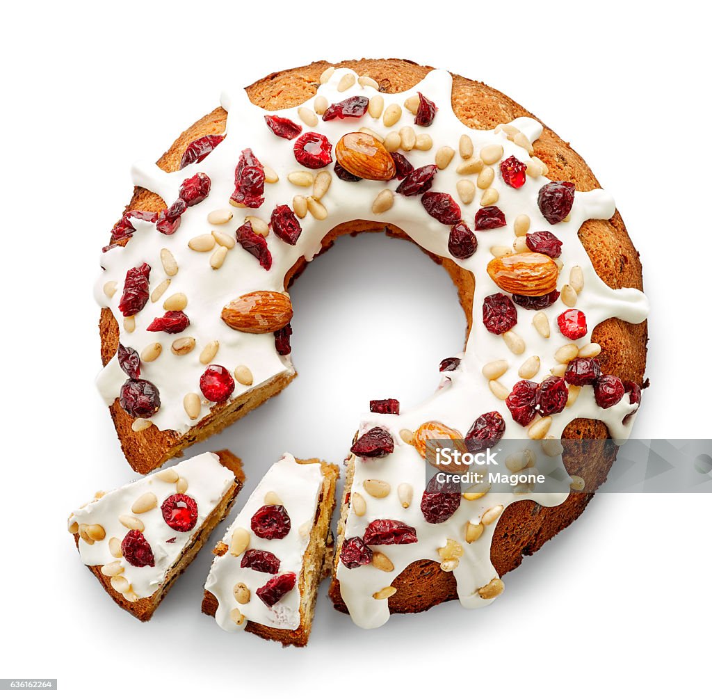 Fruit cake on white background Fruit cake isolated on white background, top view Cake Stock Photo