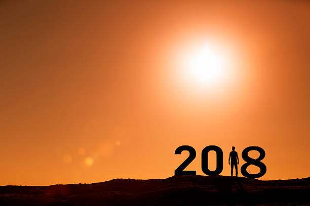 istock Person silhouette standing in 2018 on the hill at sunset 636164184