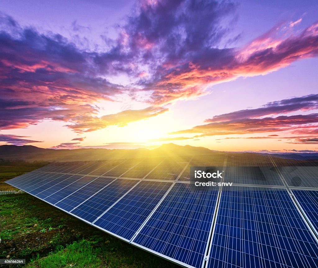 panneaux solaires sous ciel bleu au coucher du soleil - Photo de Panneau solaire libre de droits