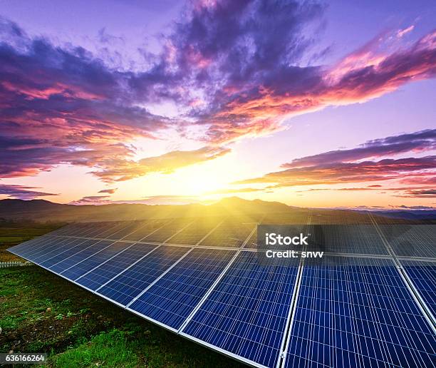 Solar Panels Under Blue Sky On Sunset Stock Photo - Download Image Now - Solar Panel, Solar Power Station, Solar Energy