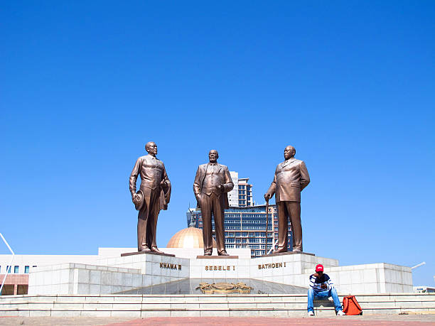 Gaborone, Botswana – September 3, 2016: The Three Dikgosi Monument is a bronze sculpture in the business district of Gaborone depicting the three tribal chiefs, Khama III, Sebele I and Bathoen, regarded as the fathers of independence. The monument was built by a North Korean company. Access is free and is the most visited tourist destination in the capital.