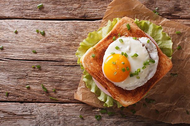 Croque madame sandwich closeup on the table horizontal top view
