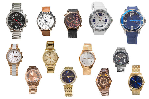 satz von armbanduhren isoliert auf weißem hintergrund - gold watch stock-fotos und bilder